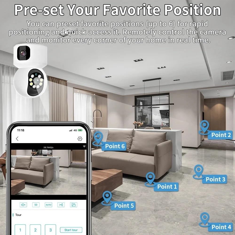 FINICKY-WORLD Dual Lens WiFi IP 360° Camera 1920 X 2160 Full HD 4mp AI (Upgraded) CCTV Night Vision Motion Sensor Two-Way Audio Micro SD Card Support Upto 128GB Monitor Nanny Security Indoor White