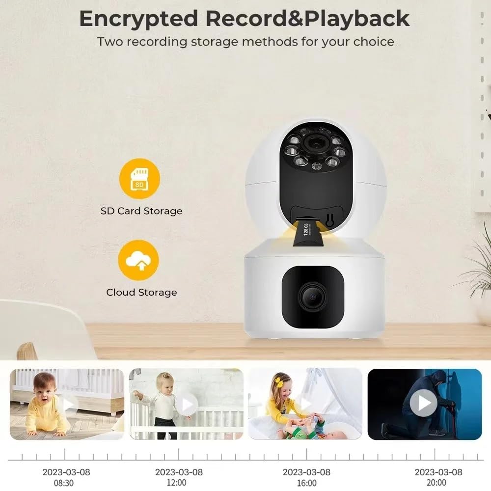 FINICKY-WORLD Dual Lens WiFi IP 360° Camera 1920 X 2160 Full HD 4mp AI (Upgraded) CCTV Night Vision Motion Sensor Two-Way Audio Micro SD Card Support Upto 128GB Monitor Nanny Security Indoor White