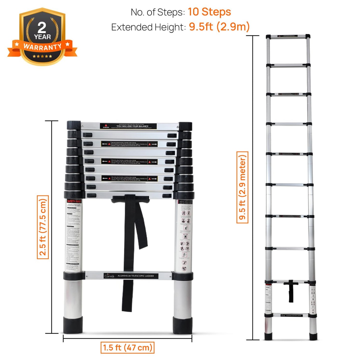 Corvids 3.2m (10.5 feet) Portable & Compact Aluminum Telescopic Ladder | 2-Year Warranty | EN131 Certified 11-Steps Foldable Multipurpose Step Ladder for Home & Outdoor use