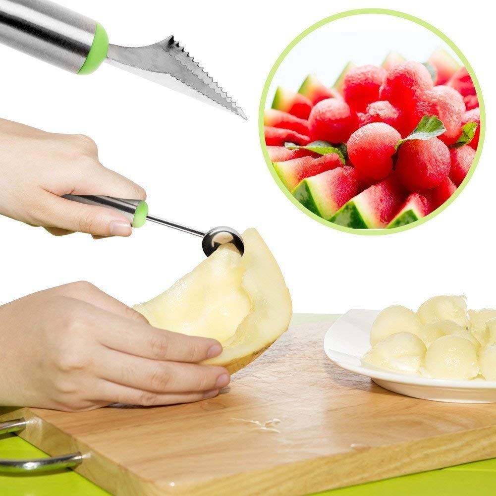 TERXA 3 in 1 Fruit Scoop | Stainless Steel Scoop with Carving Knife Slicer | for Salad/Dessert/Cake/Ice Cream | Garnishing Cutter Knife Set for Kitchen (Set of 1,Multicolor)
