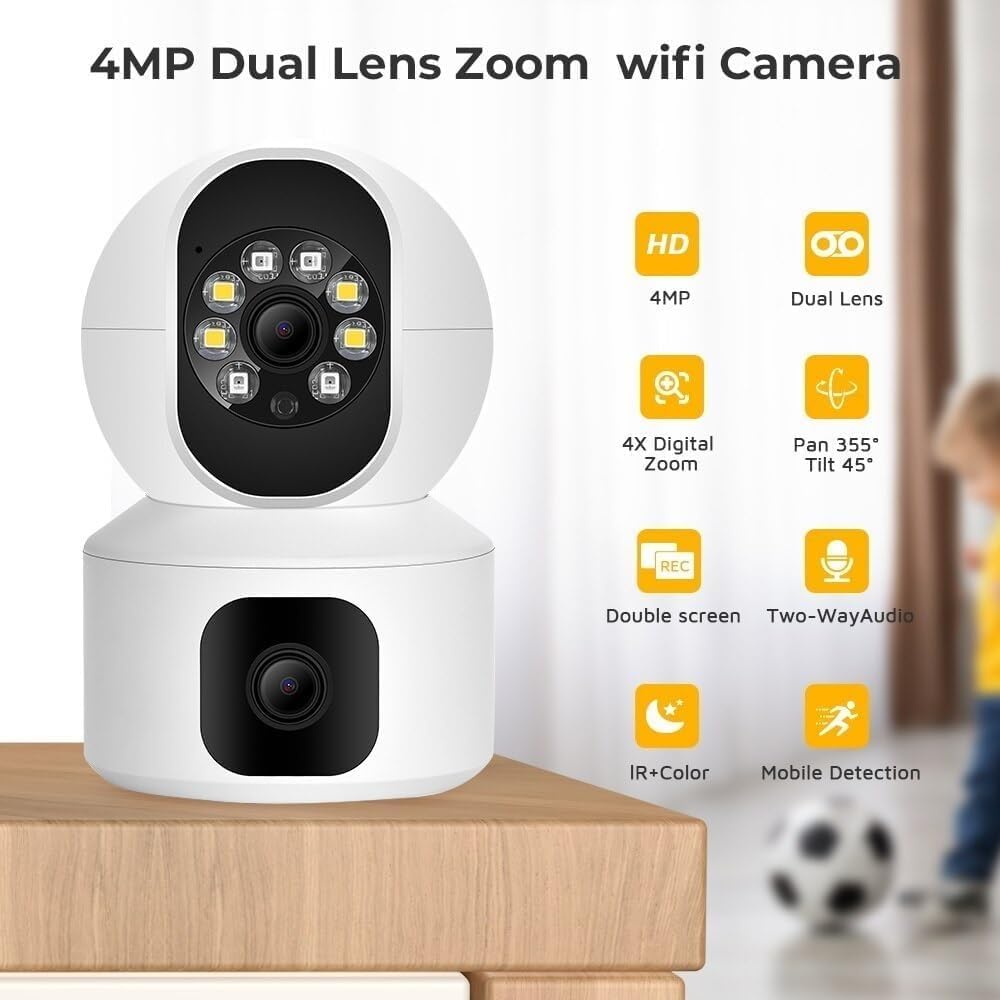 FINICKY-WORLD Dual Lens WiFi IP 360° Camera 1920 X 2160 Full HD 4mp AI (Upgraded) CCTV Night Vision Motion Sensor Two-Way Audio Micro SD Card Support Upto 128GB Monitor Nanny Security Indoor White