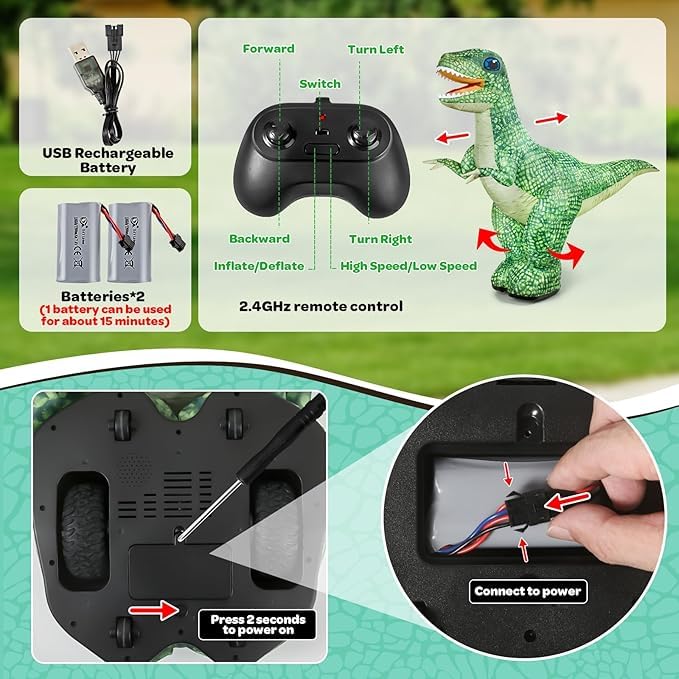 nino's 3ft Inflatable Dinosaur RC Toy for Kids, Electric Dinosaur Toy with 360°Rotation, Rechargeable T-Rex RC Walking for Boys & Girls, Christmas Birthday Gifts for Kids Age 6-12 Years (Green)
