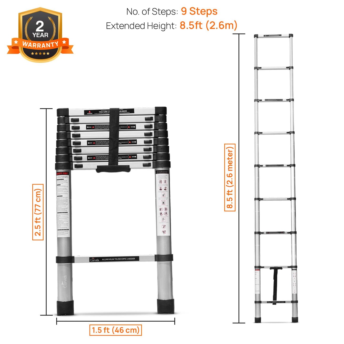 Corvids 3.2m (10.5 feet) Portable & Compact Aluminum Telescopic Ladder | 2-Year Warranty | EN131 Certified 11-Steps Foldable Multipurpose Step Ladder for Home & Outdoor use