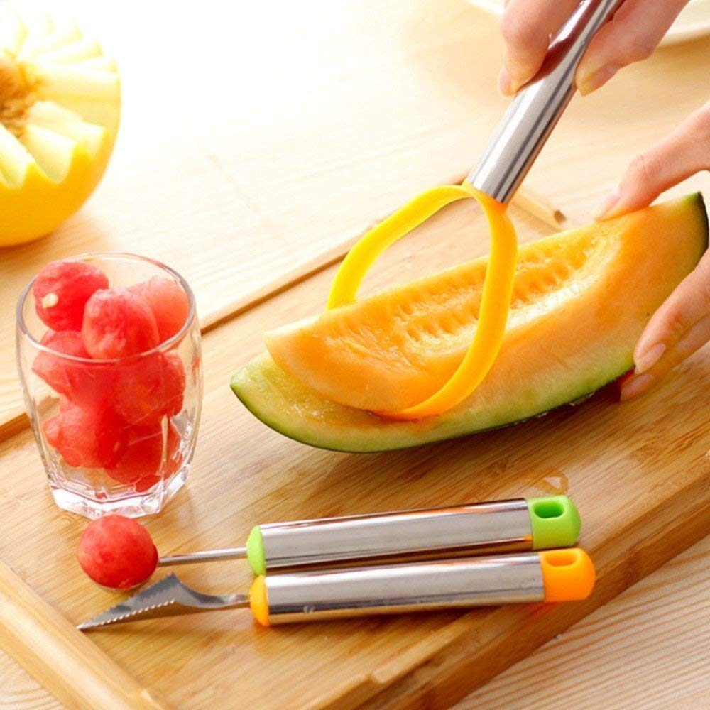 TERXA 3 in 1 Fruit Scoop | Stainless Steel Scoop with Carving Knife Slicer | for Salad/Dessert/Cake/Ice Cream | Garnishing Cutter Knife Set for Kitchen (Set of 1,Multicolor)