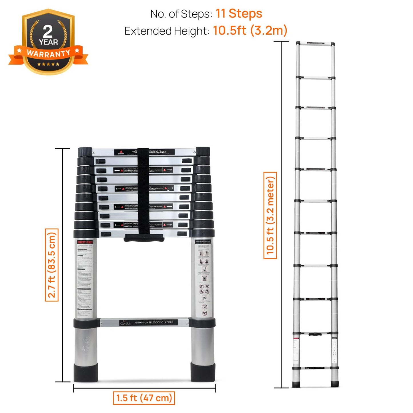 Corvids 3.2m (10.5 feet) Portable & Compact Aluminum Telescopic Ladder | 2-Year Warranty | EN131 Certified 11-Steps Foldable Multipurpose Step Ladder for Home & Outdoor use