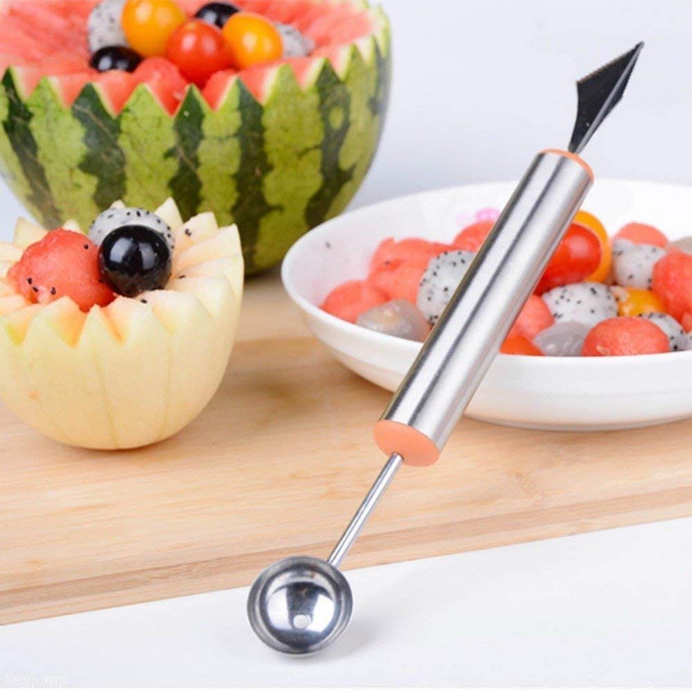 TERXA 3 in 1 Fruit Scoop | Stainless Steel Scoop with Carving Knife Slicer | for Salad/Dessert/Cake/Ice Cream | Garnishing Cutter Knife Set for Kitchen (Set of 1,Multicolor)