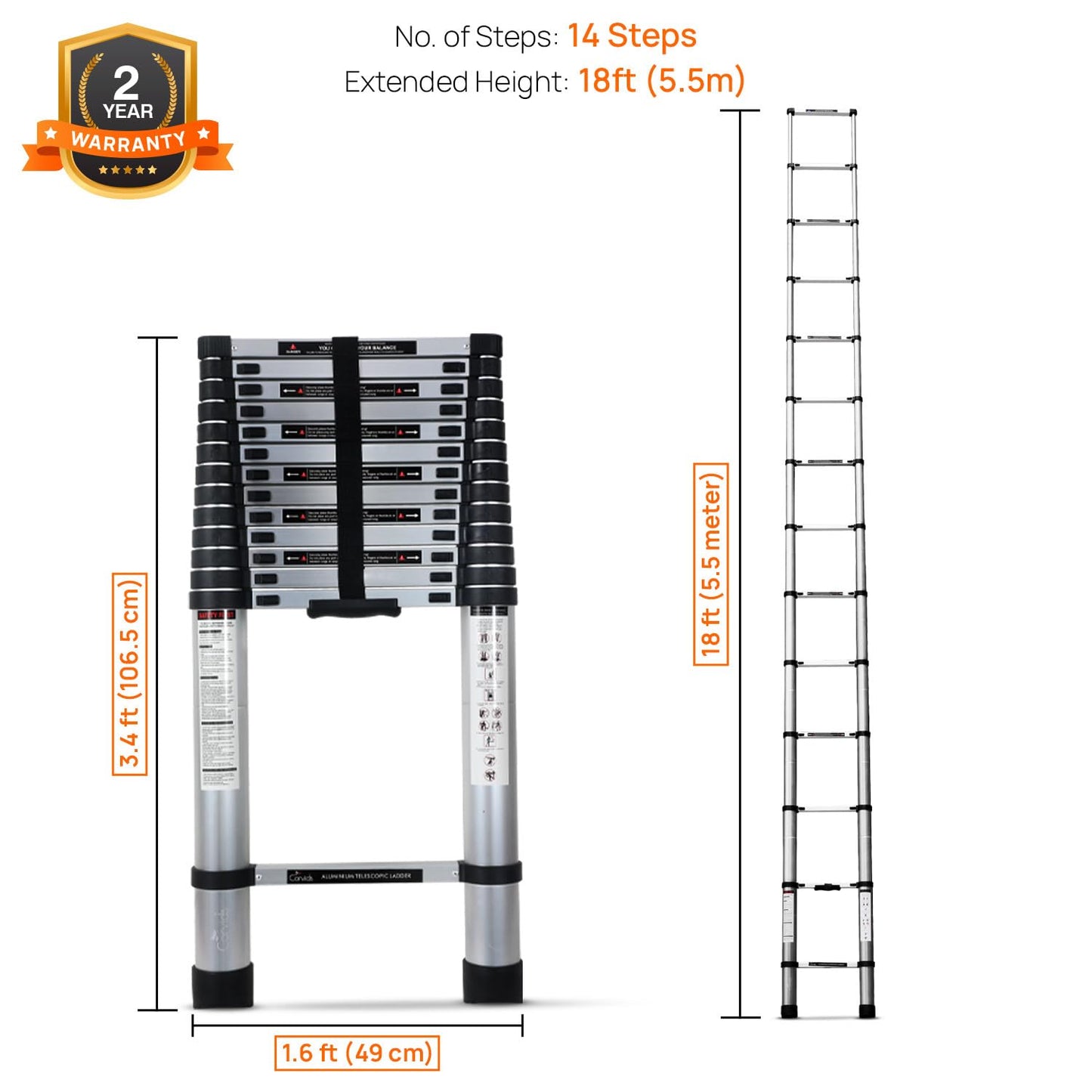 Corvids 3.2m (10.5 feet) Portable & Compact Aluminum Telescopic Ladder | 2-Year Warranty | EN131 Certified 11-Steps Foldable Multipurpose Step Ladder for Home & Outdoor use