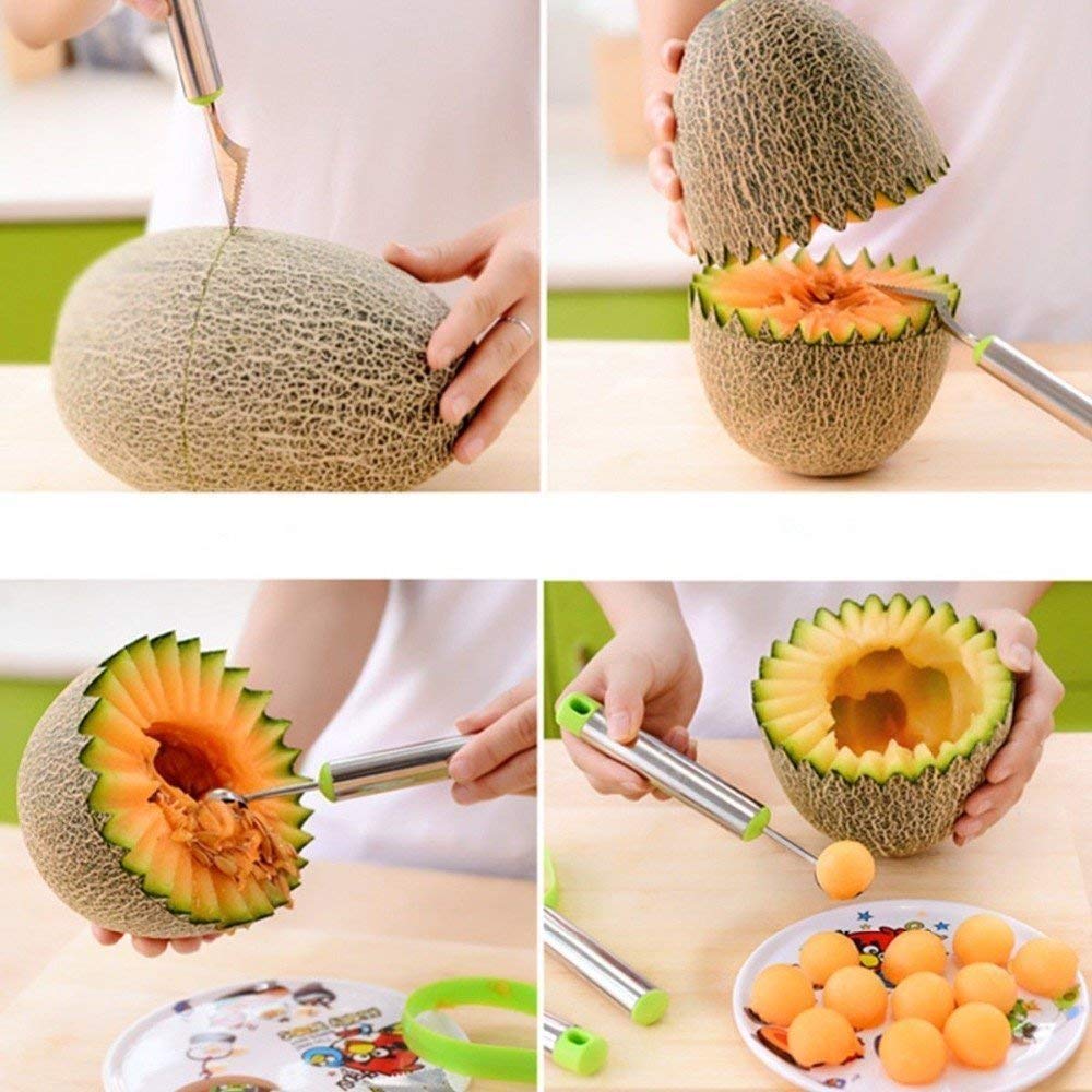 TERXA 3 in 1 Fruit Scoop | Stainless Steel Scoop with Carving Knife Slicer | for Salad/Dessert/Cake/Ice Cream | Garnishing Cutter Knife Set for Kitchen (Set of 1,Multicolor)