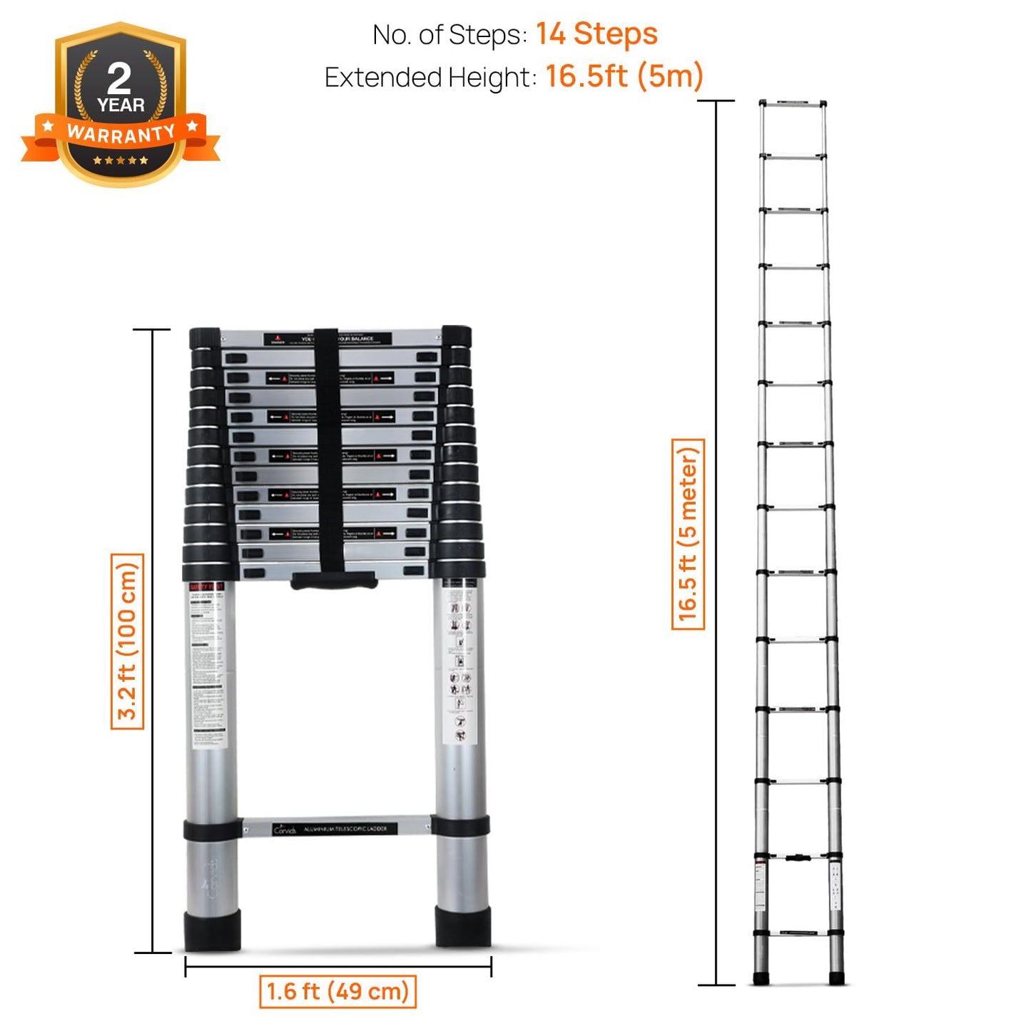 Corvids 3.2m (10.5 feet) Portable & Compact Aluminum Telescopic Ladder | 2-Year Warranty | EN131 Certified 11-Steps Foldable Multipurpose Step Ladder for Home & Outdoor use
