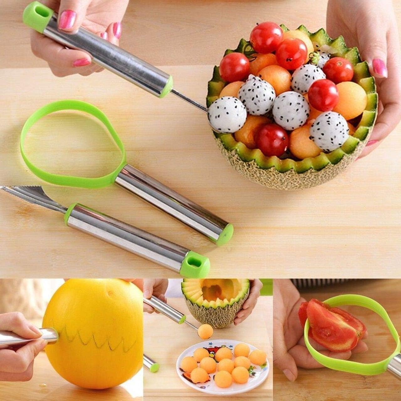 TERXA 3 in 1 Fruit Scoop | Stainless Steel Scoop with Carving Knife Slicer | for Salad/Dessert/Cake/Ice Cream | Garnishing Cutter Knife Set for Kitchen (Set of 1,Multicolor)