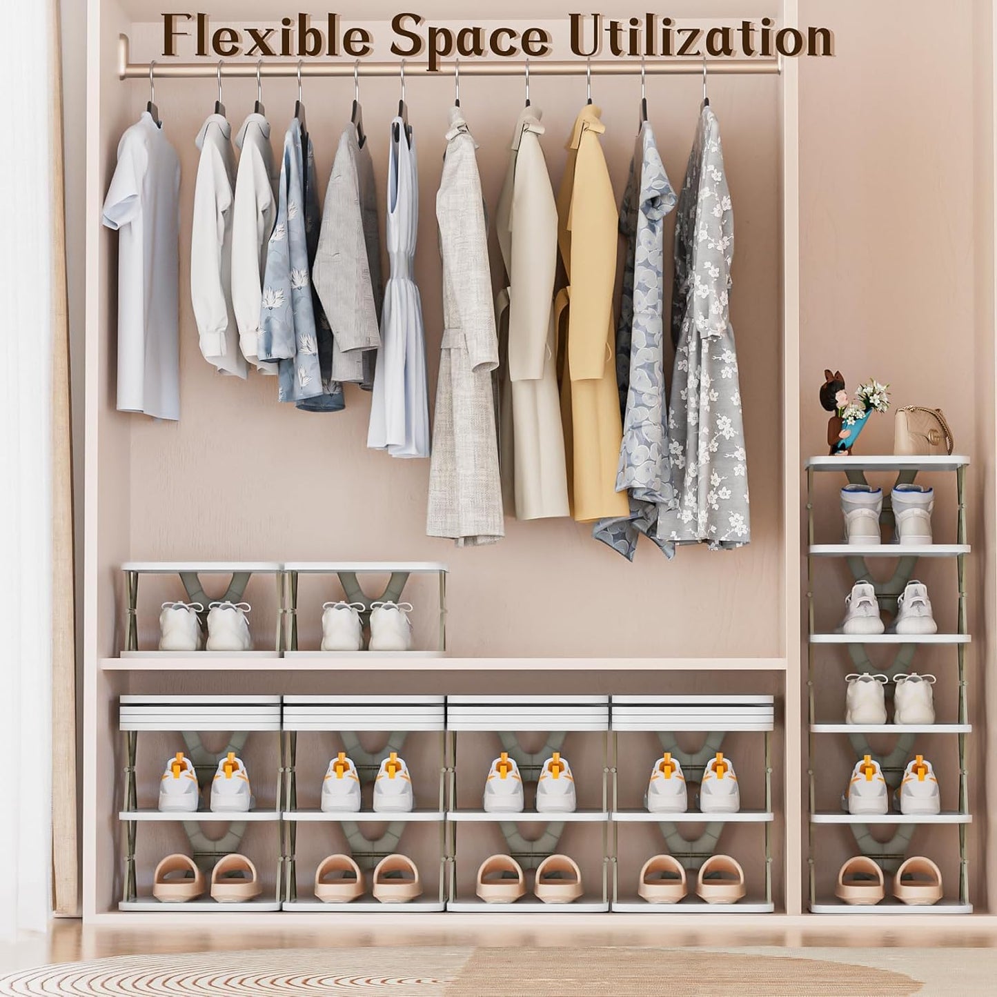 Tarev Foldable Shoe Rack - Stackable Narrow Shoe Storage Organizer for Closet, Bedroom & Entryway, Grey