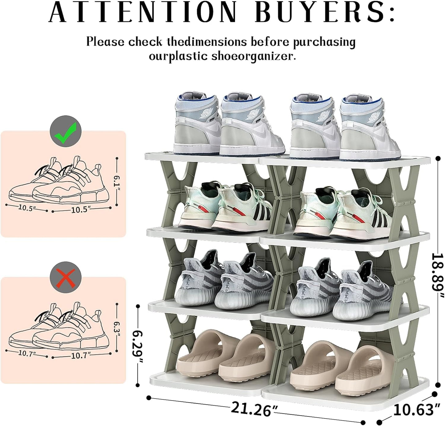 Tarev Foldable Shoe Rack - Stackable Narrow Shoe Storage Organizer for Closet, Bedroom & Entryway, Grey