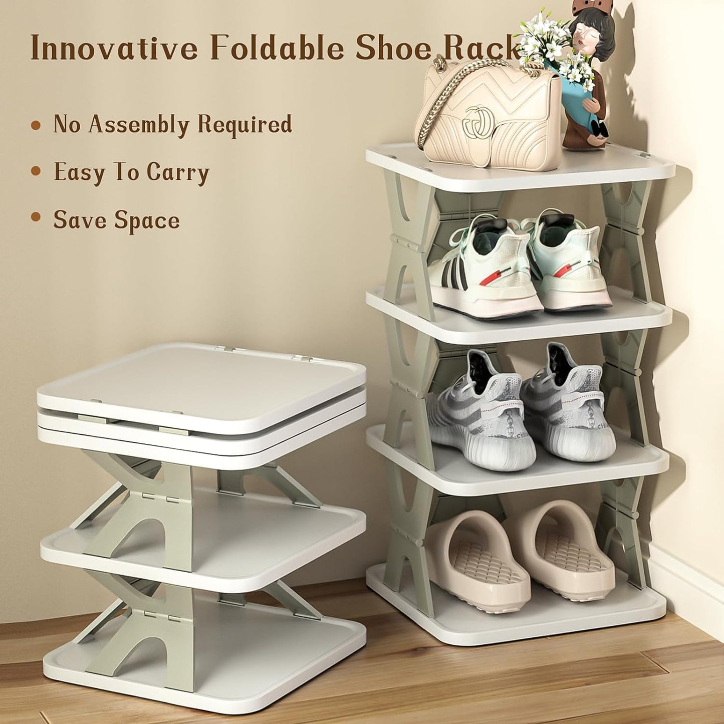 Tarev Foldable Shoe Rack - Stackable Narrow Shoe Storage Organizer for Closet, Bedroom & Entryway, Grey