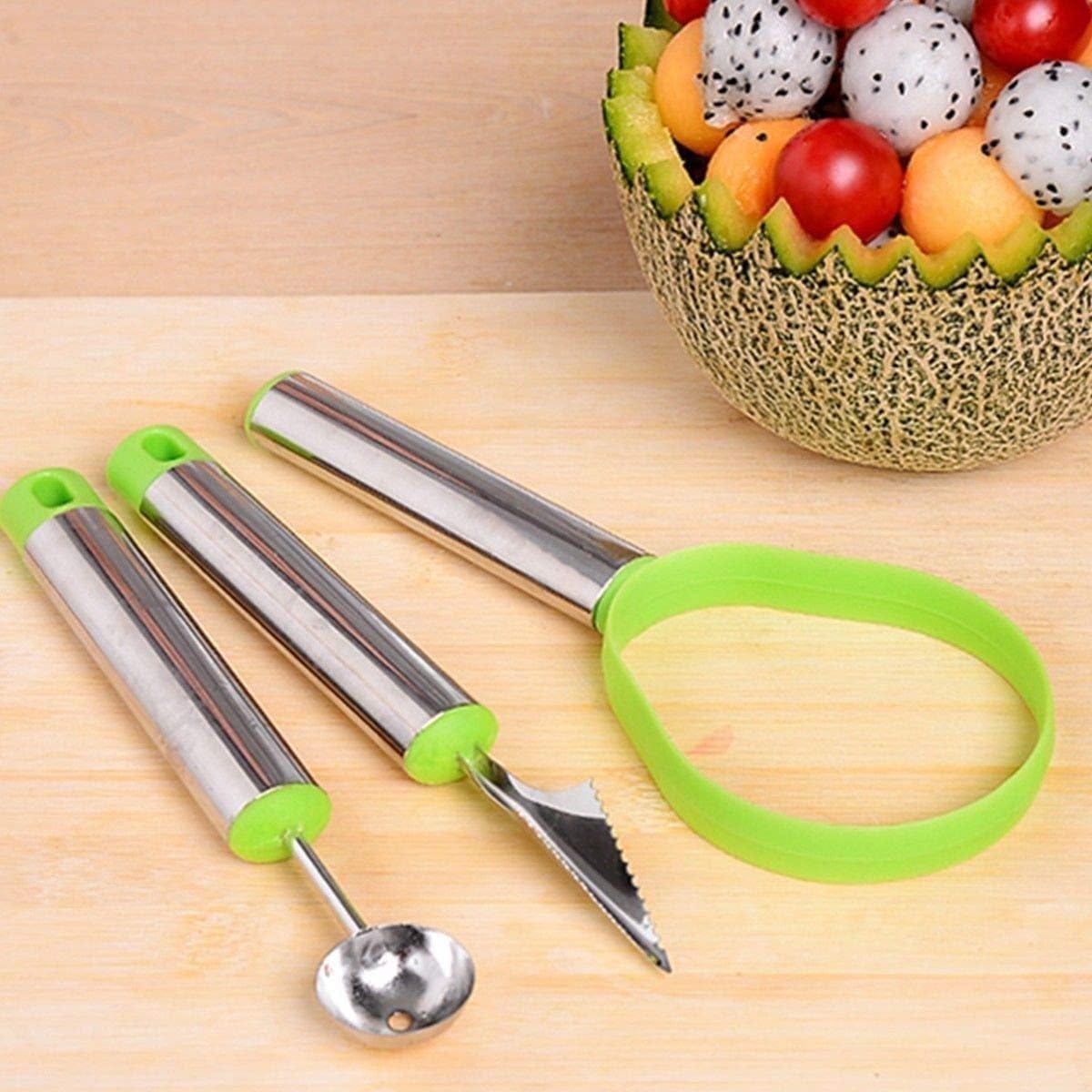TERXA 3 in 1 Fruit Scoop | Stainless Steel Scoop with Carving Knife Slicer | for Salad/Dessert/Cake/Ice Cream | Garnishing Cutter Knife Set for Kitchen (Set of 1,Multicolor)