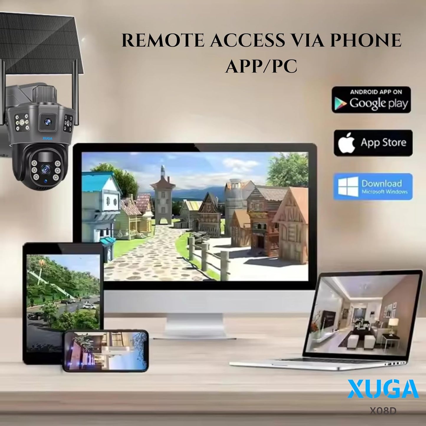 XUGA 8MP Dual Lens 3 View Battery Powered 4G Sim Linkage Solar CCTV Camera with Human Detect, Agriculture Camera, AI Enabled, Motion Detect, 2 Way Audio, Alarm & Support 256GB SD | X08D