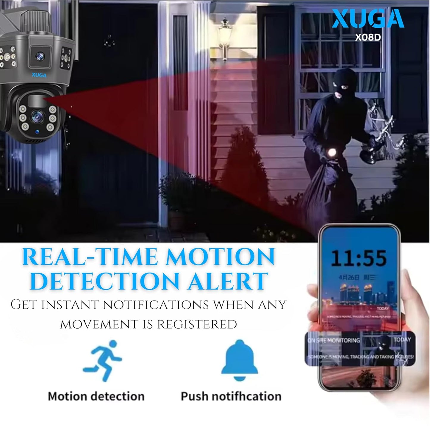 XUGA 8MP Dual Lens 3 View Battery Powered 4G Sim Linkage Solar CCTV Camera with Human Detect, Agriculture Camera, AI Enabled, Motion Detect, 2 Way Audio, Alarm & Support 256GB SD | X08D