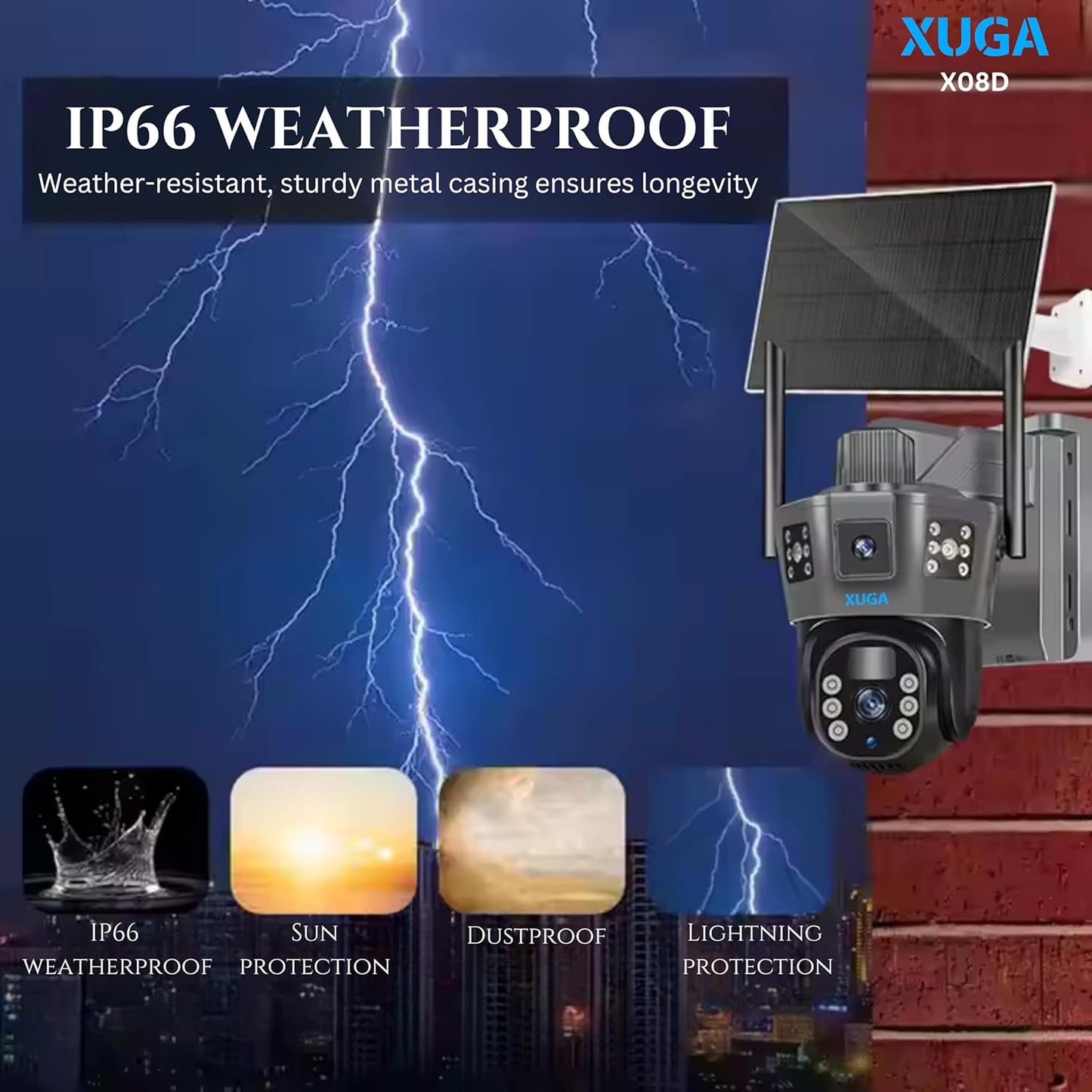 XUGA 8MP Dual Lens 3 View Battery Powered 4G Sim Linkage Solar CCTV Camera with Human Detect, Agriculture Camera, AI Enabled, Motion Detect, 2 Way Audio, Alarm & Support 256GB SD | X08D