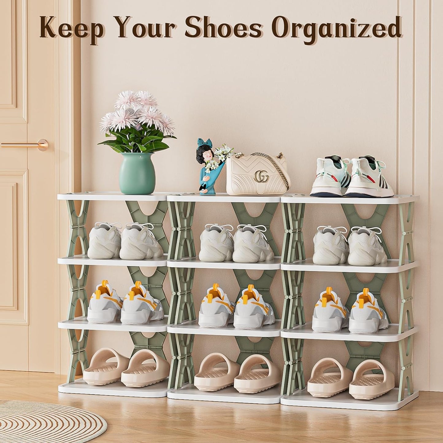 Tarev Foldable Shoe Rack - Stackable Narrow Shoe Storage Organizer for Closet, Bedroom & Entryway, Grey