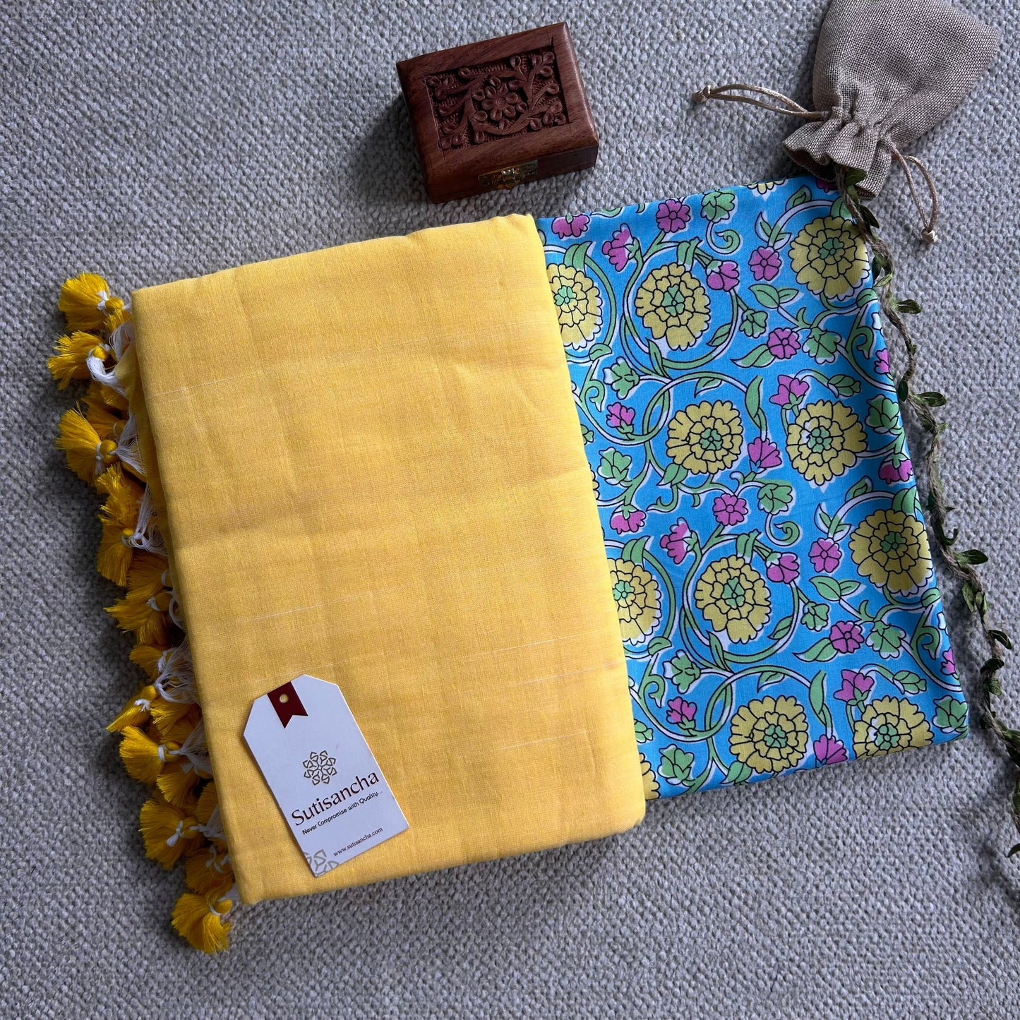 Sutisancha Yellow Handloom Cotton Saree & Sky Flowers Blouse