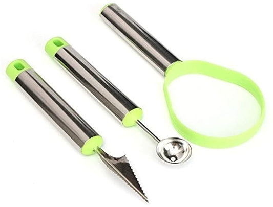 TERXA 3 in 1 Fruit Scoop | Stainless Steel Scoop with Carving Knife Slicer | for Salad/Dessert/Cake/Ice Cream | Garnishing Cutter Knife Set for Kitchen (Set of 1,Multicolor)