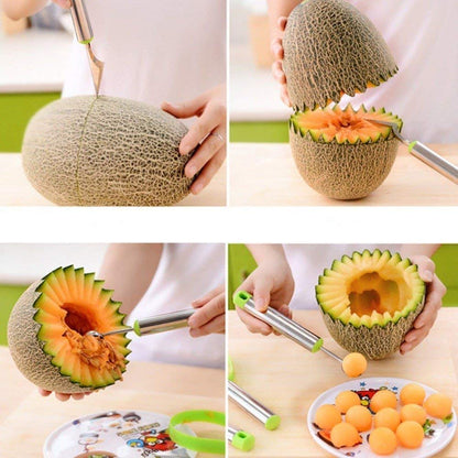 TERXA 3 in 1 Fruit Scoop | Stainless Steel Scoop with Carving Knife Slicer | for Salad/Dessert/Cake/Ice Cream | Garnishing Cutter Knife Set for Kitchen (Set of 1,Multicolor)