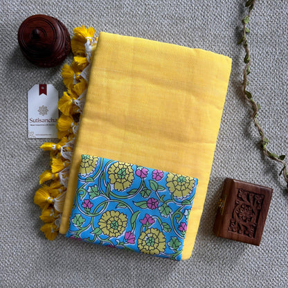 Sutisancha Yellow Handloom Cotton Saree & Sky Flowers Blouse