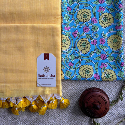 Sutisancha Yellow Handloom Cotton Saree & Sky Flowers Blouse
