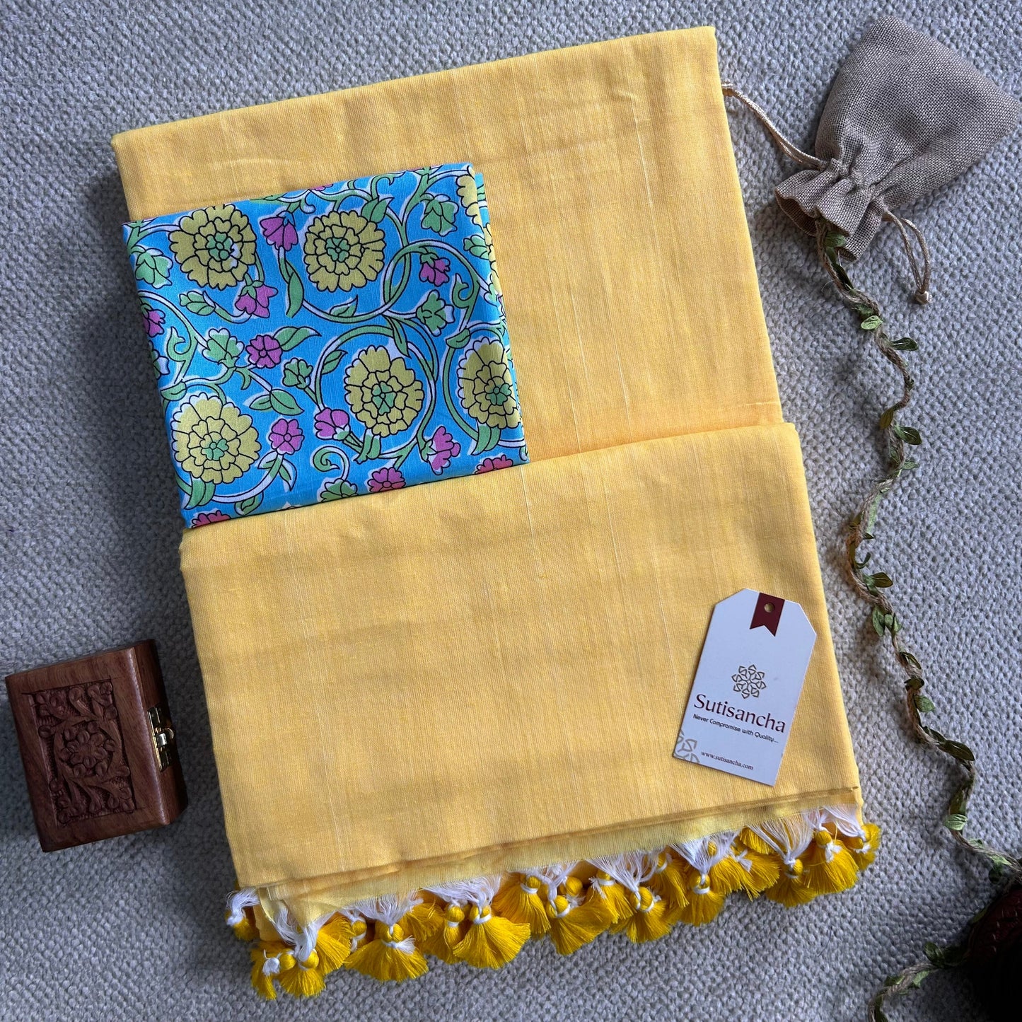 Sutisancha Yellow Handloom Cotton Saree & Sky Flowers Blouse