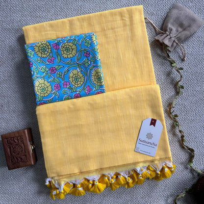 Sutisancha Yellow Handloom Cotton Saree & Sky Flowers Blouse